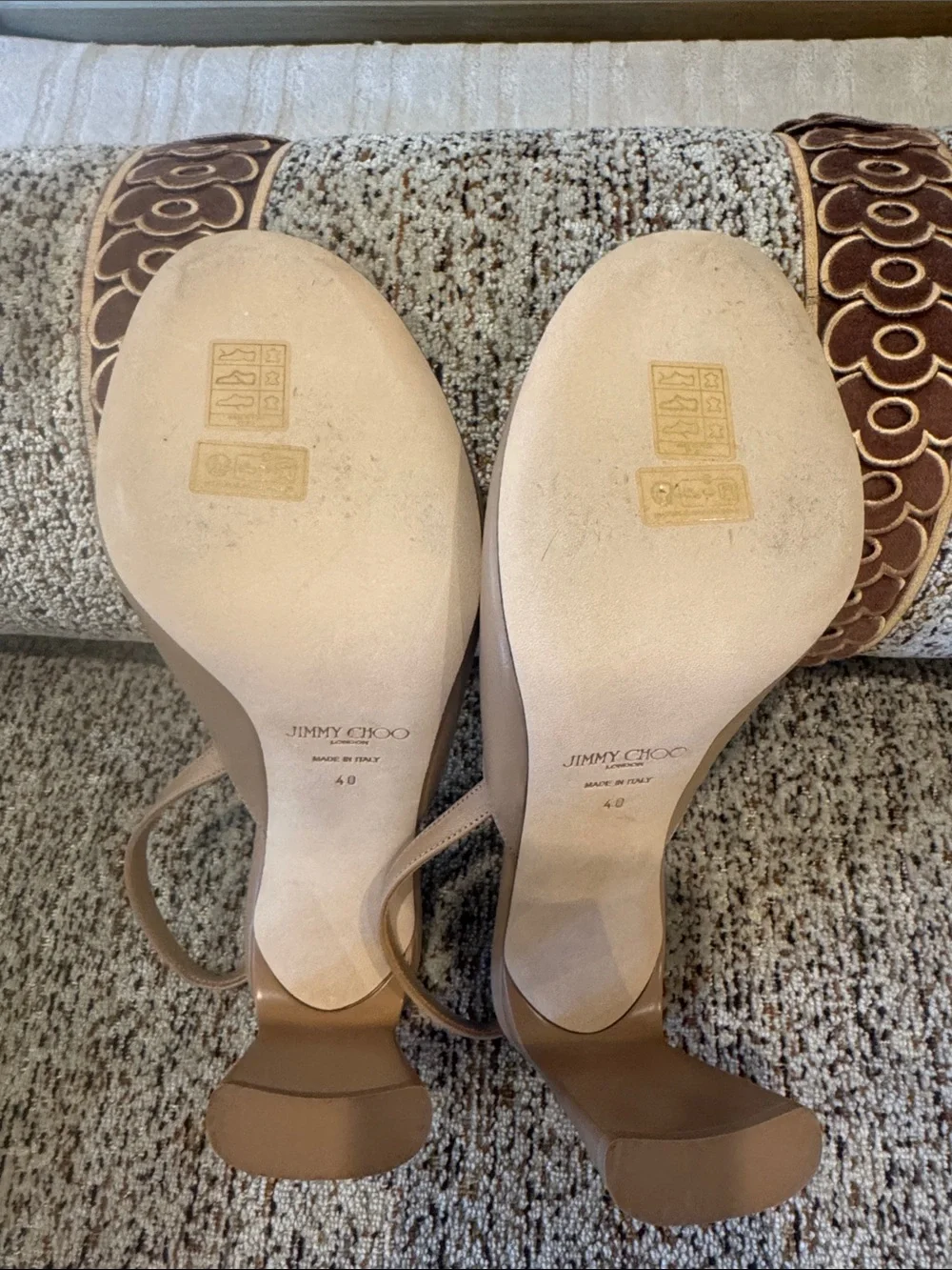 Jimmy Choo Tan Leather Open-Toe Slingback Heels with Gold Accent - Picture 4 of 6